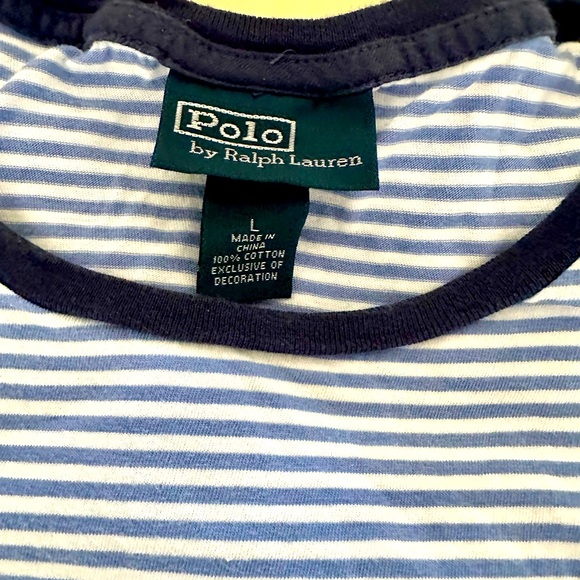 Size L Polo by Ralph Lauren blue & white Short Sleeve Crew T Shirt - Yellow Logo - Picture 3 of 3